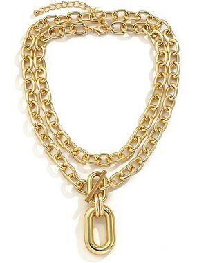 Women's Gold Layered Chunky Gold Pendant Necklace OT Toggle Clasp Necklace